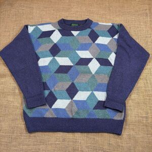 Vintage 90s' Byford Men's Silk/Cotton Geometric Design Blue Sweater SIze Medium